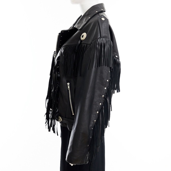 Black leather fringed jacket / XL - Picture 2 of 10